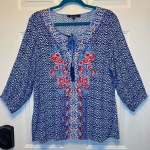 Calessa Tie Front Floral Embroidered Blouse 3/4 Sleeve Boho Sz PL Blue White